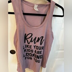 District Women Tank Top - Lavender with Black Text Medium Worn 1x